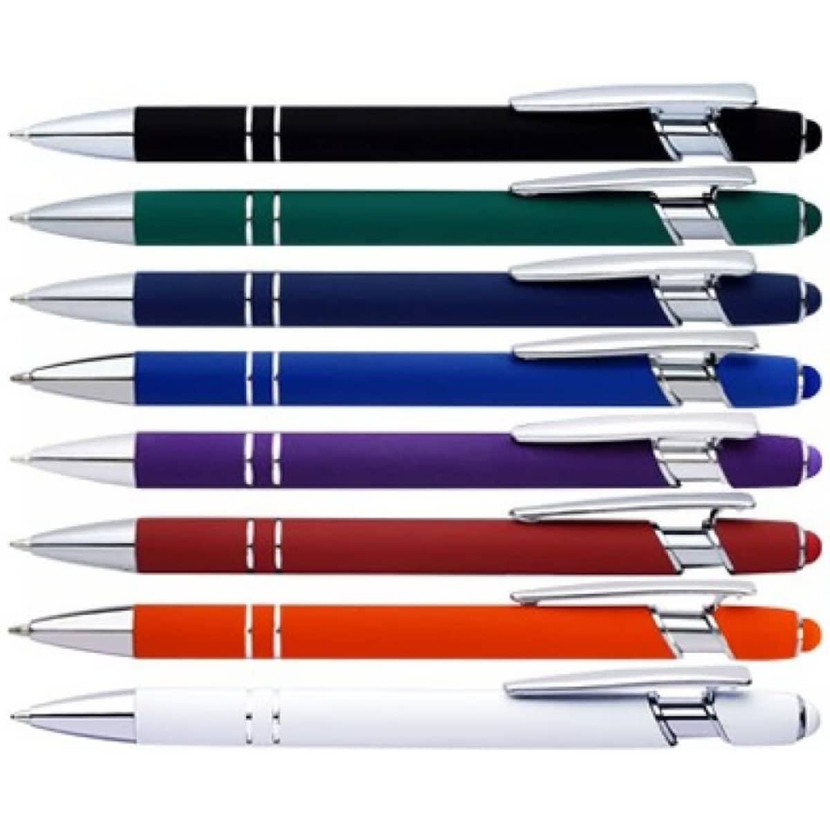 A set of eight stylus pens in black, green, navy, purple, red, orange, and white, with chrome accents and a branding logo.