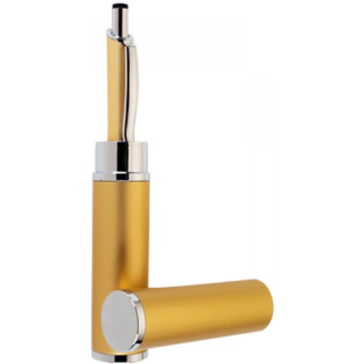 A gold aluminium pen tube with a sleek design and chrome accents. The product features a pen integrated into the tube.