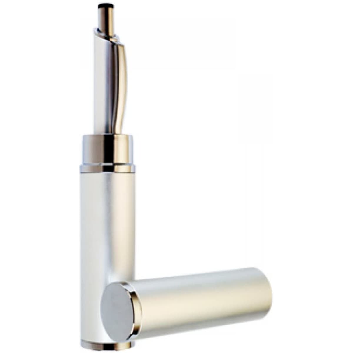 A silver aluminium pen tube with a sleek design and a polished finish, featuring a mounted pen on top.