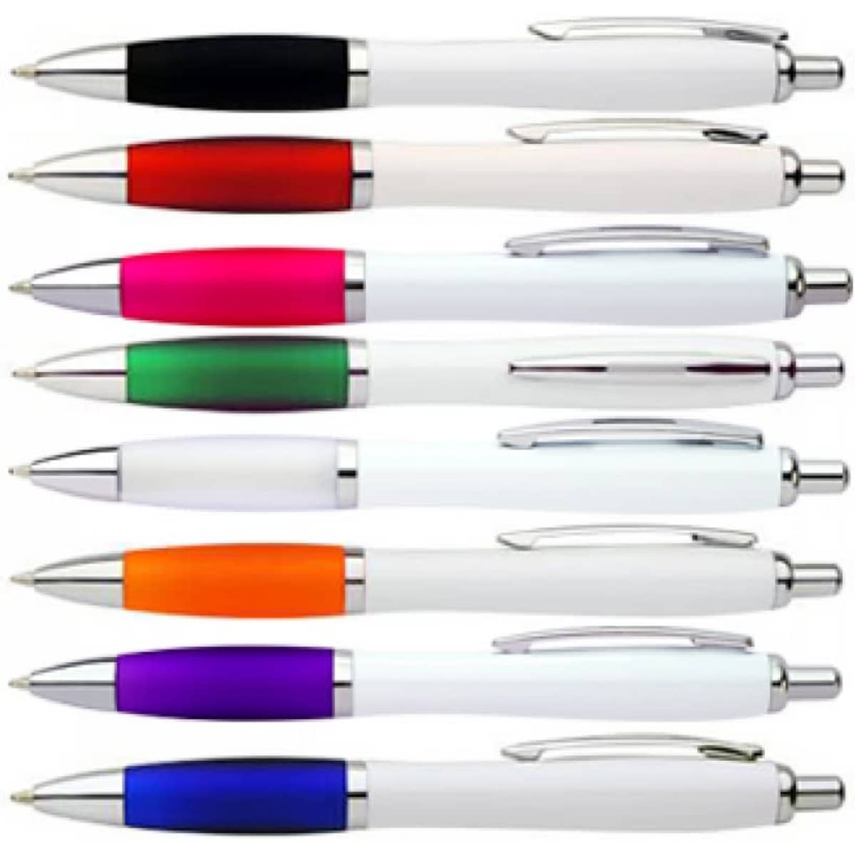 A collection of pens in black, red, pink, green, orange, purple, and white, featuring chrome accents and clips.