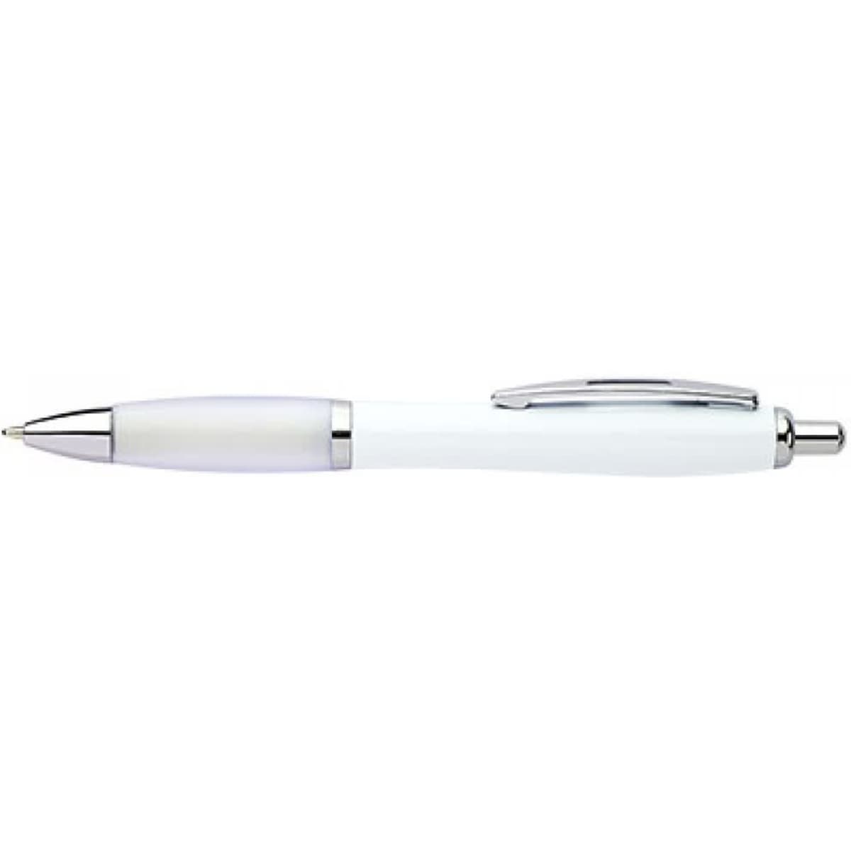 A white pen with chrome accents and a clip, featuring a sleek design and an attached logo.