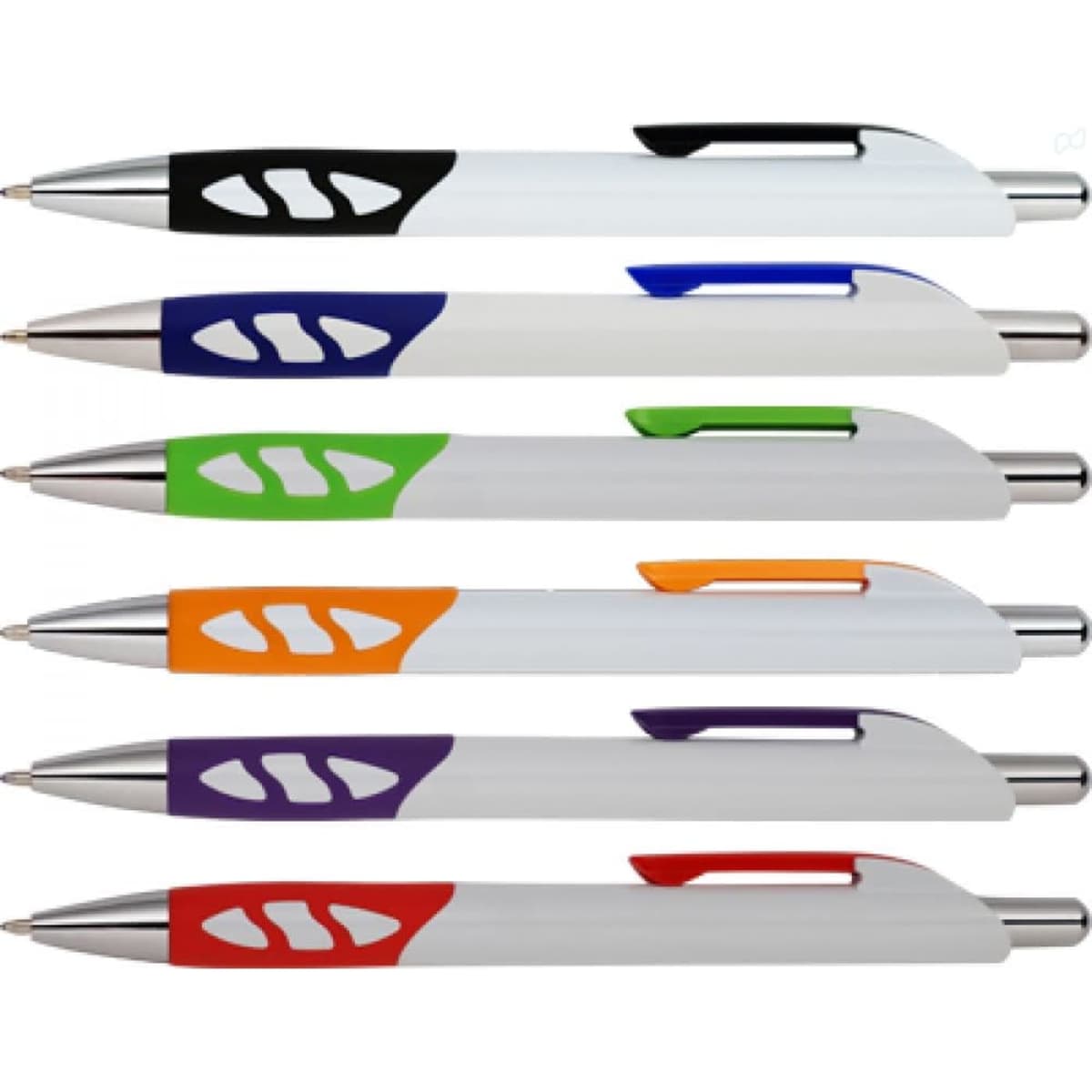 A set of six vivid pens in white, black, green, blue, orange, and purple, featuring a unique grip design.