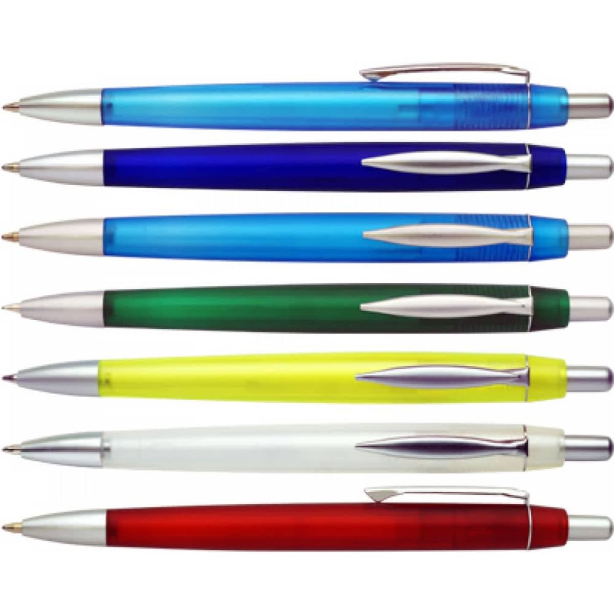 A collection of seven pens in blue, green, yellow, red, and white, each with a silver clip and trim.