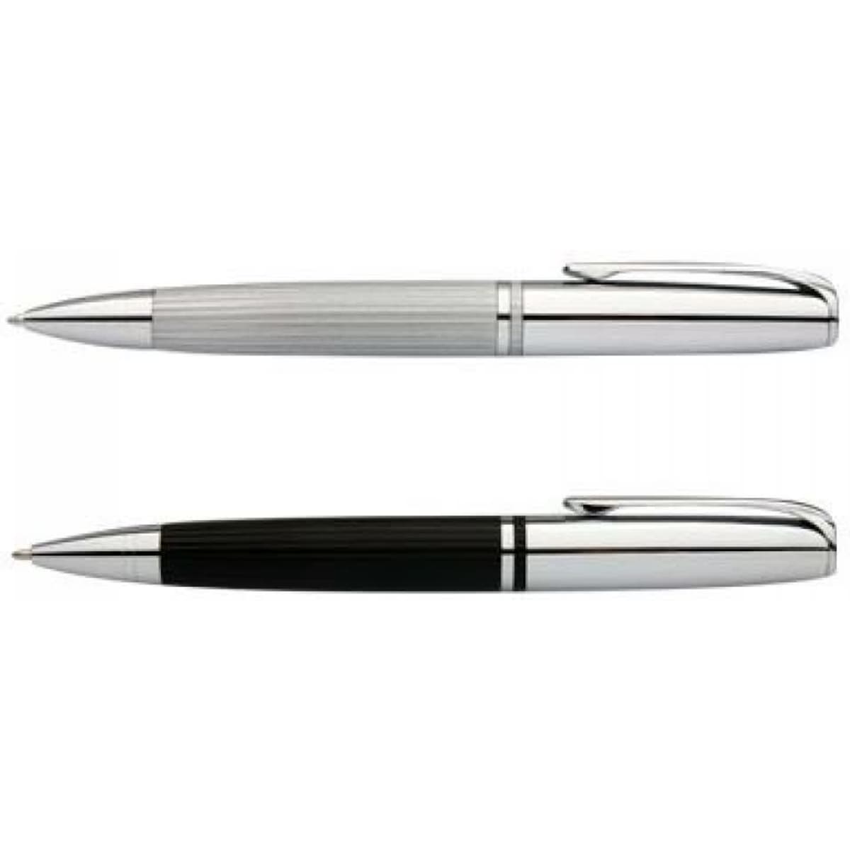 Two Mercury pens displayed: one in silver with textured grip and the other in black, both featuring chrome accents.