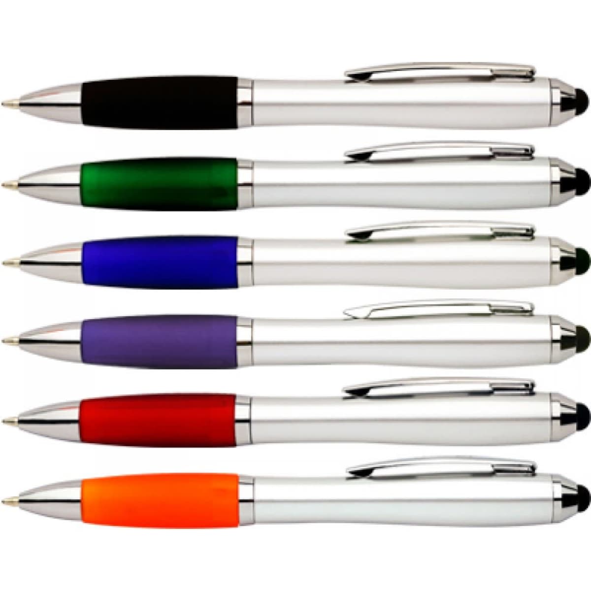 A collection of stylus pens featuring silver, black, green, blue, purple, red, and orange designs with branding.