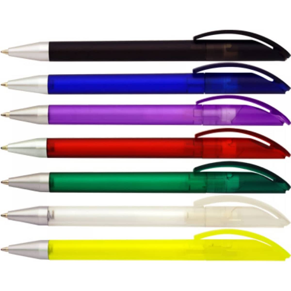 A selection of pens in black, blue, purple, red, green, clear, and yellow with a logo on the body.