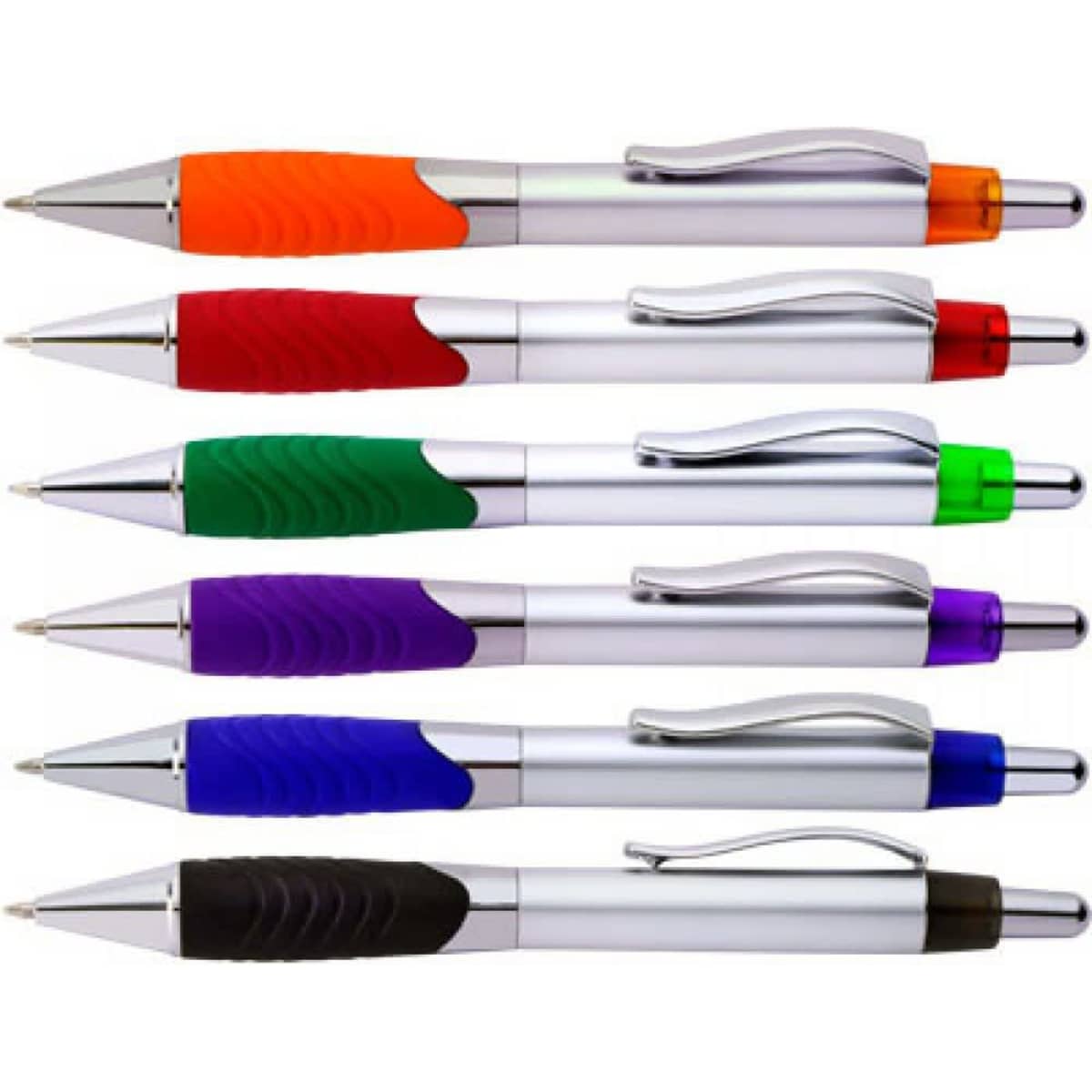 A selection of six Explorer Pens in orange, red, green, purple, blue, and black, featuring textured grips and shiny silver accents.