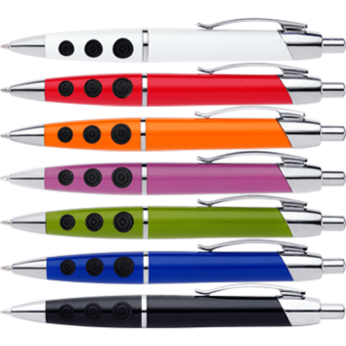 A set of seven "Hollywood II" pens in white, red, orange, pink, green, blue, and black, each featuring a logo.