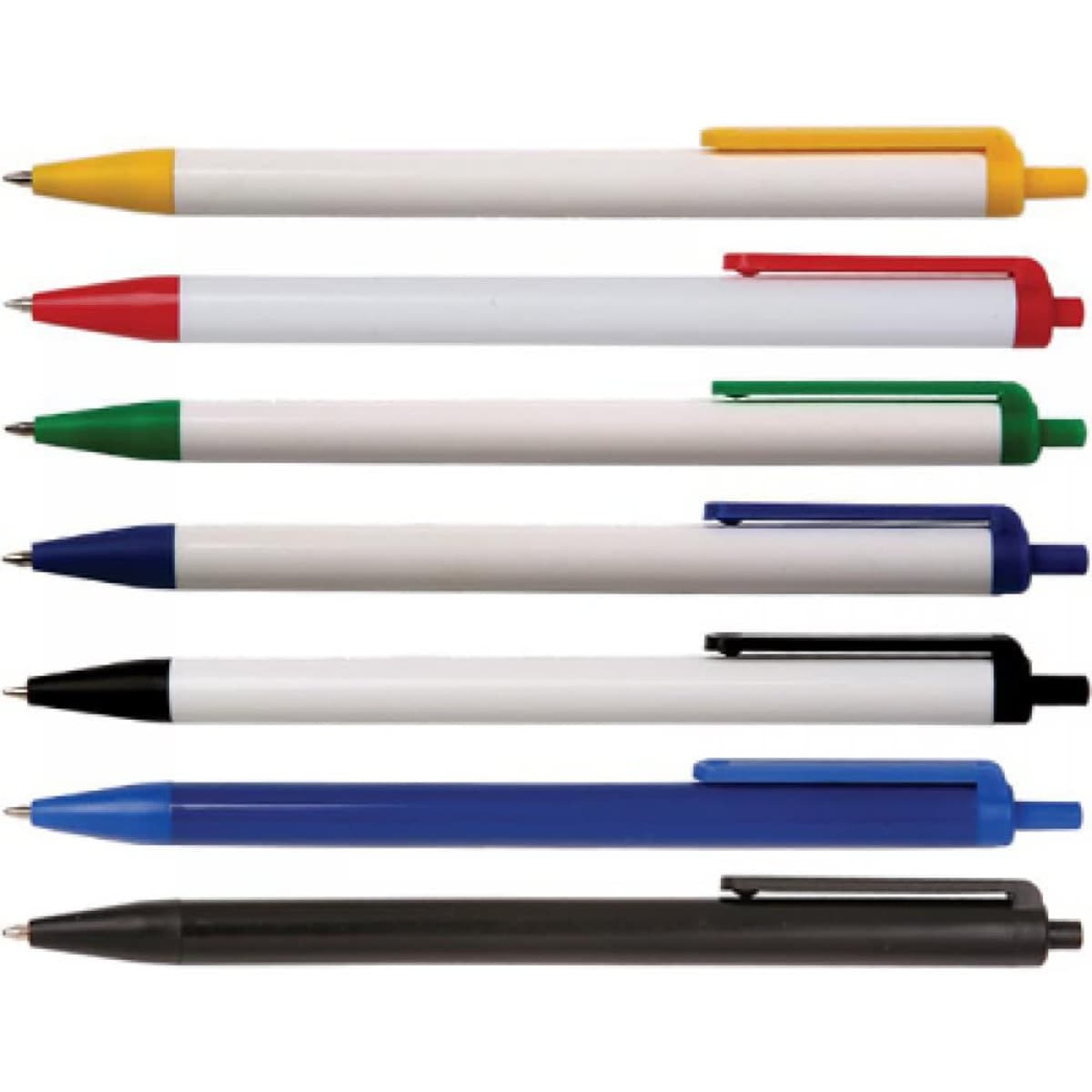 A set of eight Lancer pens in various colours, including yellow, red, green, blue, black, and white, featuring branding.