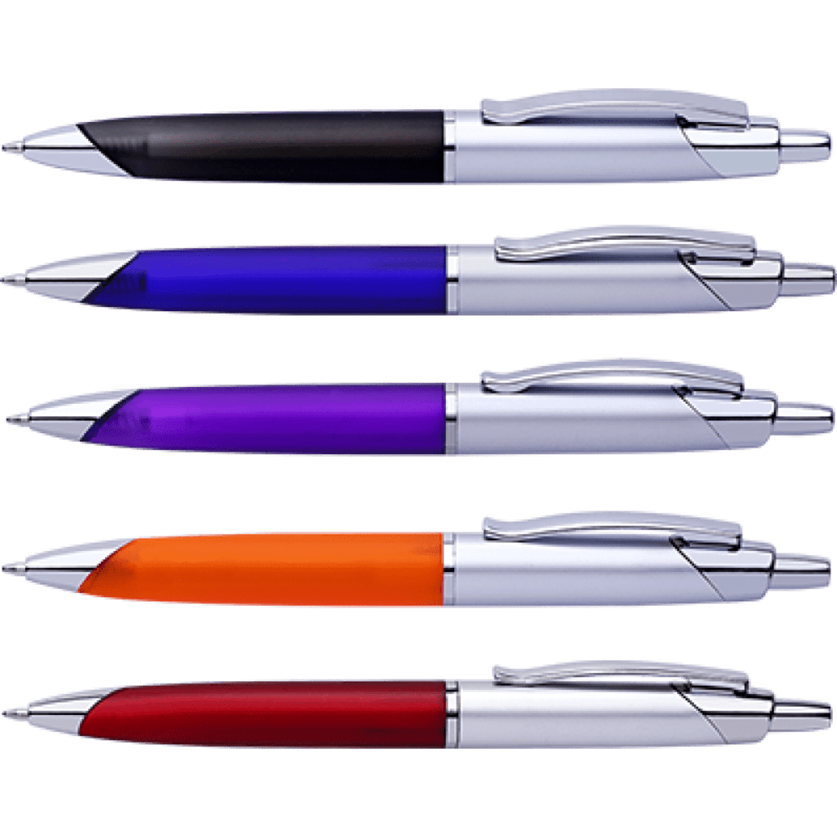 Five Aviator II Pens in black, blue, purple, orange, and red, featuring chrome accents and a logo.