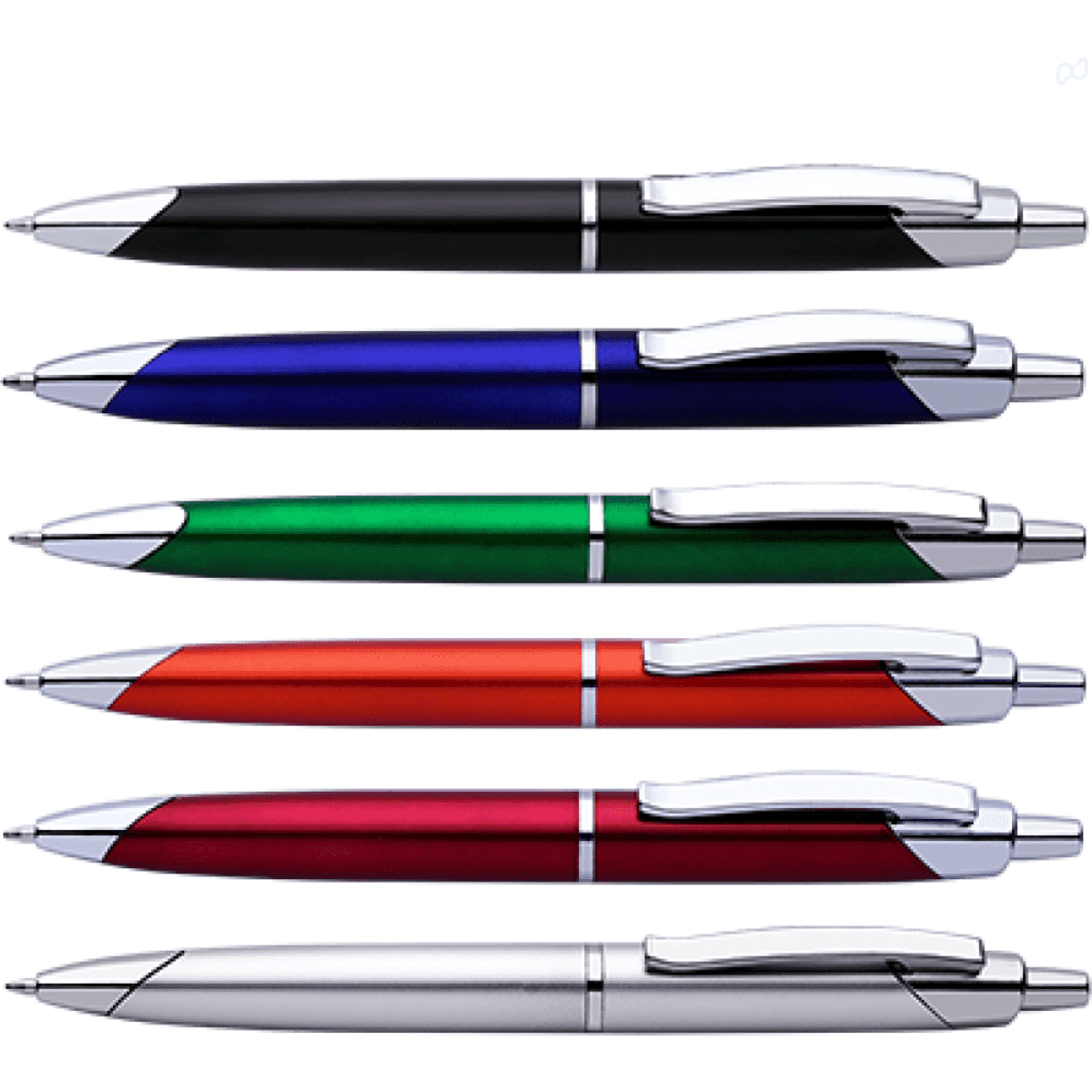 A set of six Aviator Pens in black, blue, green, red, orange, and silver with chrome accents.