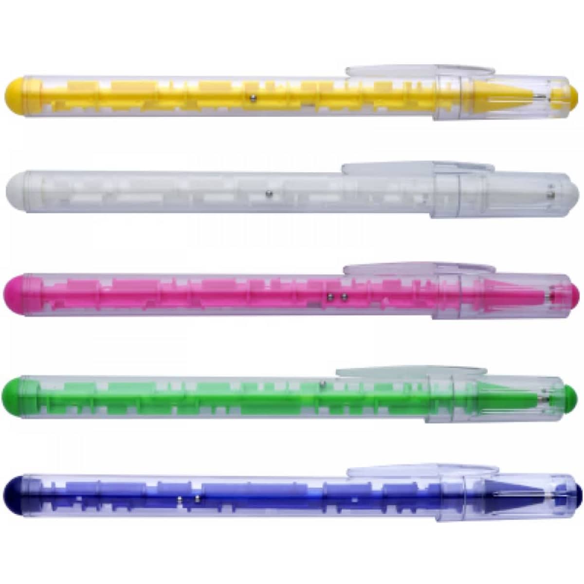 Four Maze Pens in various colours: yellow, white, pink, green, and blue, all with transparent barrels and clips.
