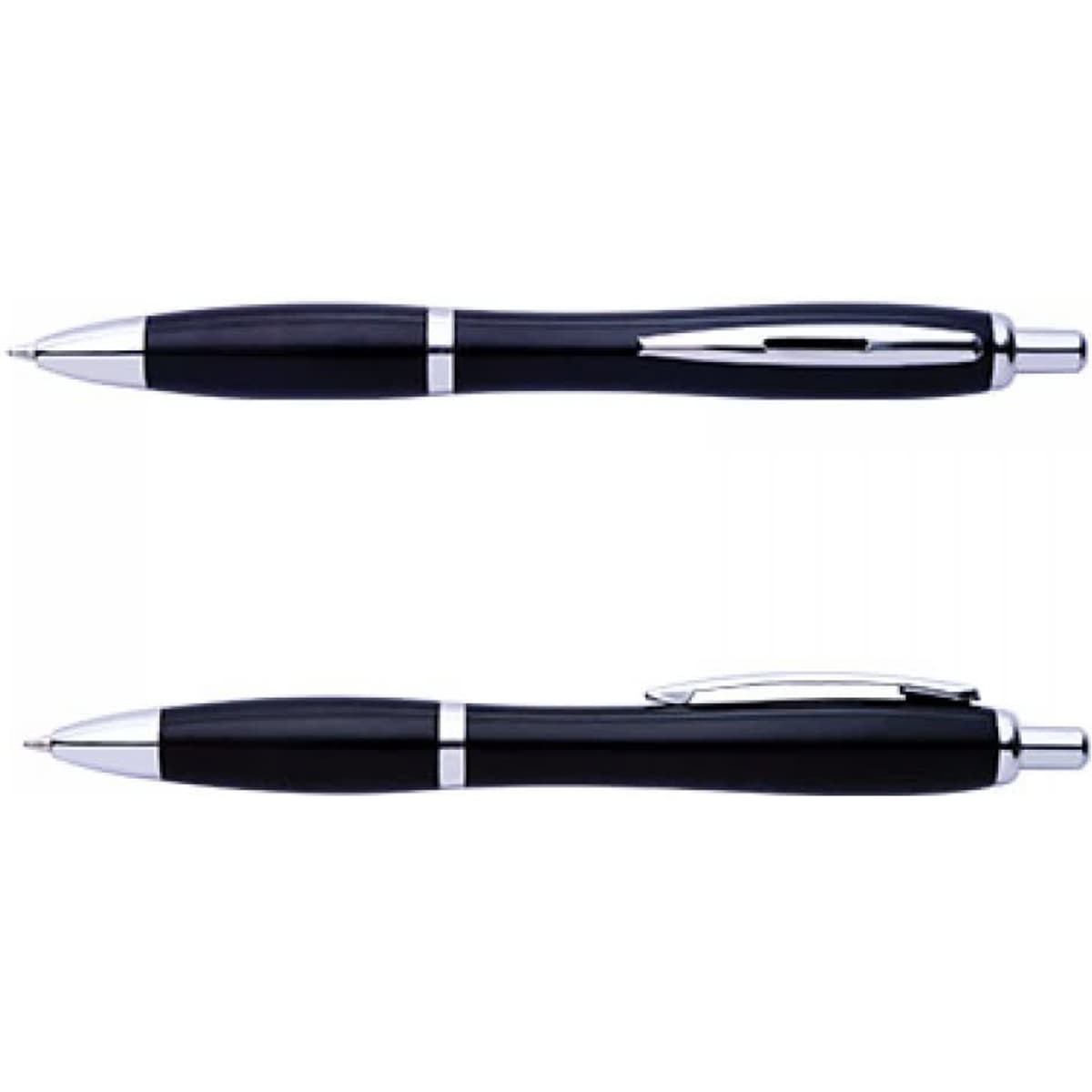 A set of two black pens with silver accents, featuring a sleek design and clip for easy carrying.