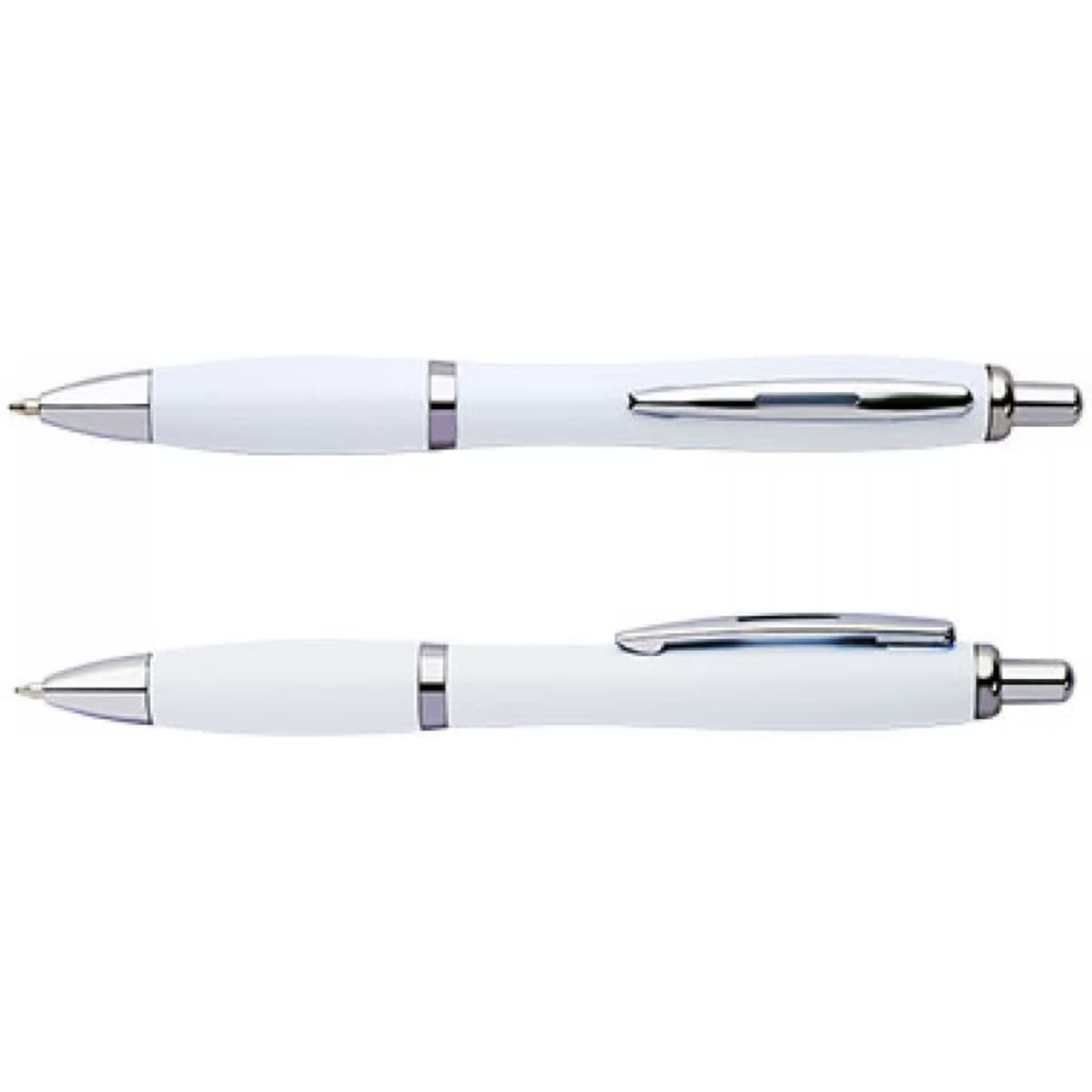Two white plastic pens with silver accents and a logo on the barrel. One pen has a clip.