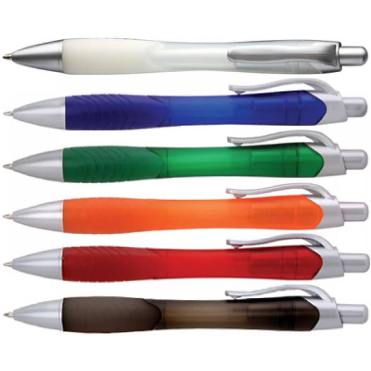 A collection of six pens in white, blue, green, orange, and brown, featuring silver clips and grips.