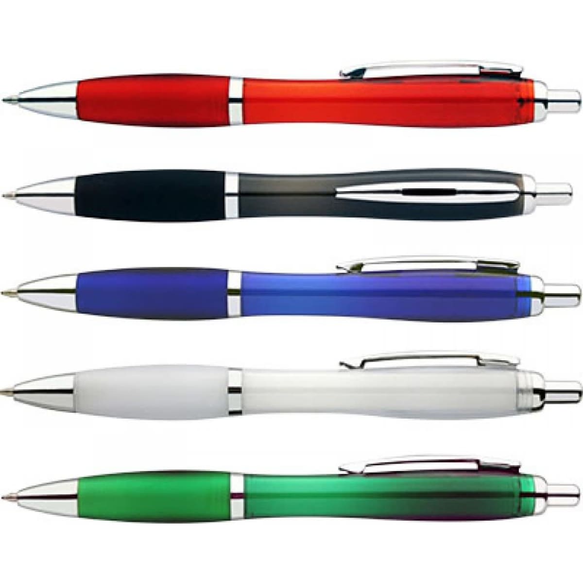 A selection of five pens in red, black, blue, white, and green, each with silver accents and a branding logo.