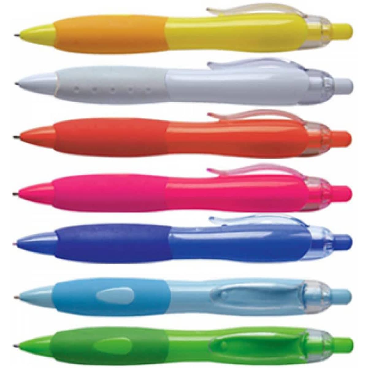 A set of eight pens in various colours including yellow, white, orange, pink, blue, and green, with a logo on some.