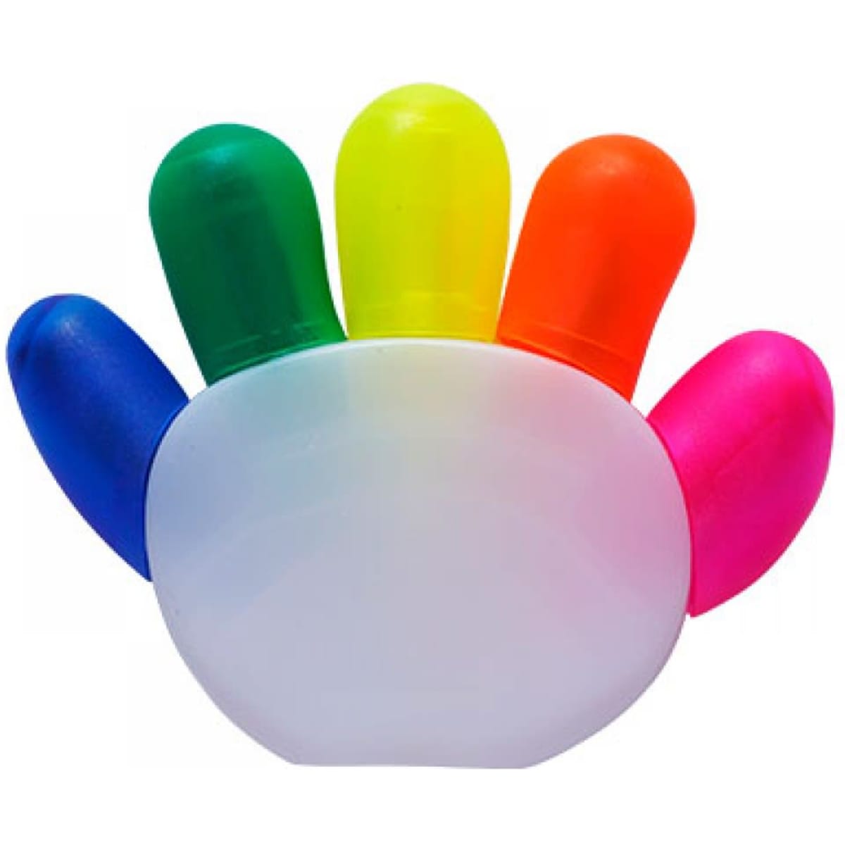 A hand-shaped highlighter set featuring five vibrant colours: green, yellow, orange, pink, and blue.