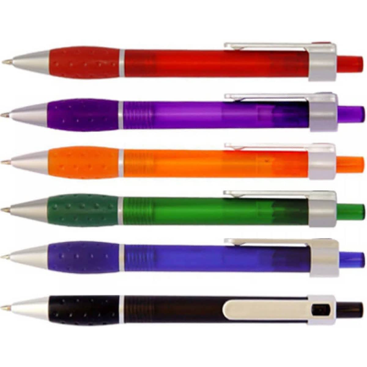 A collection of six Pro-Grip Pens in red, purple, orange, green, purple, and black with silver accents.