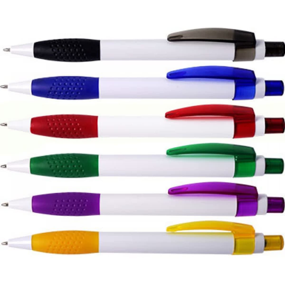 A collection of seven Dynagrip pens in various colours, including black, red, blue, green, purple, and yellow.