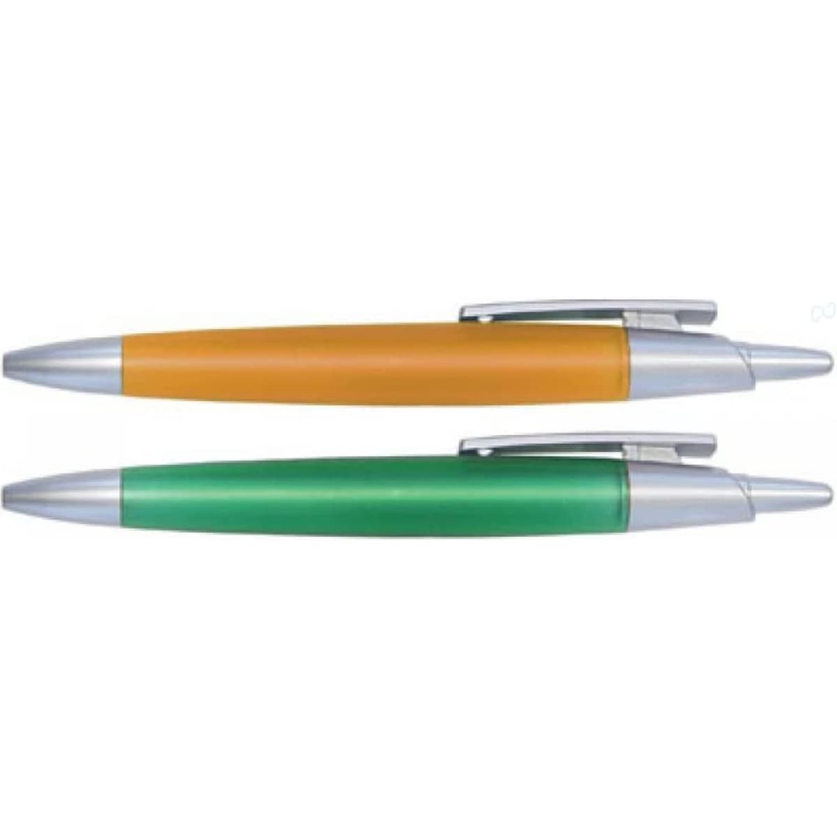 Two pens are displayed, one orange and one green, both featuring silver accents and a logo.