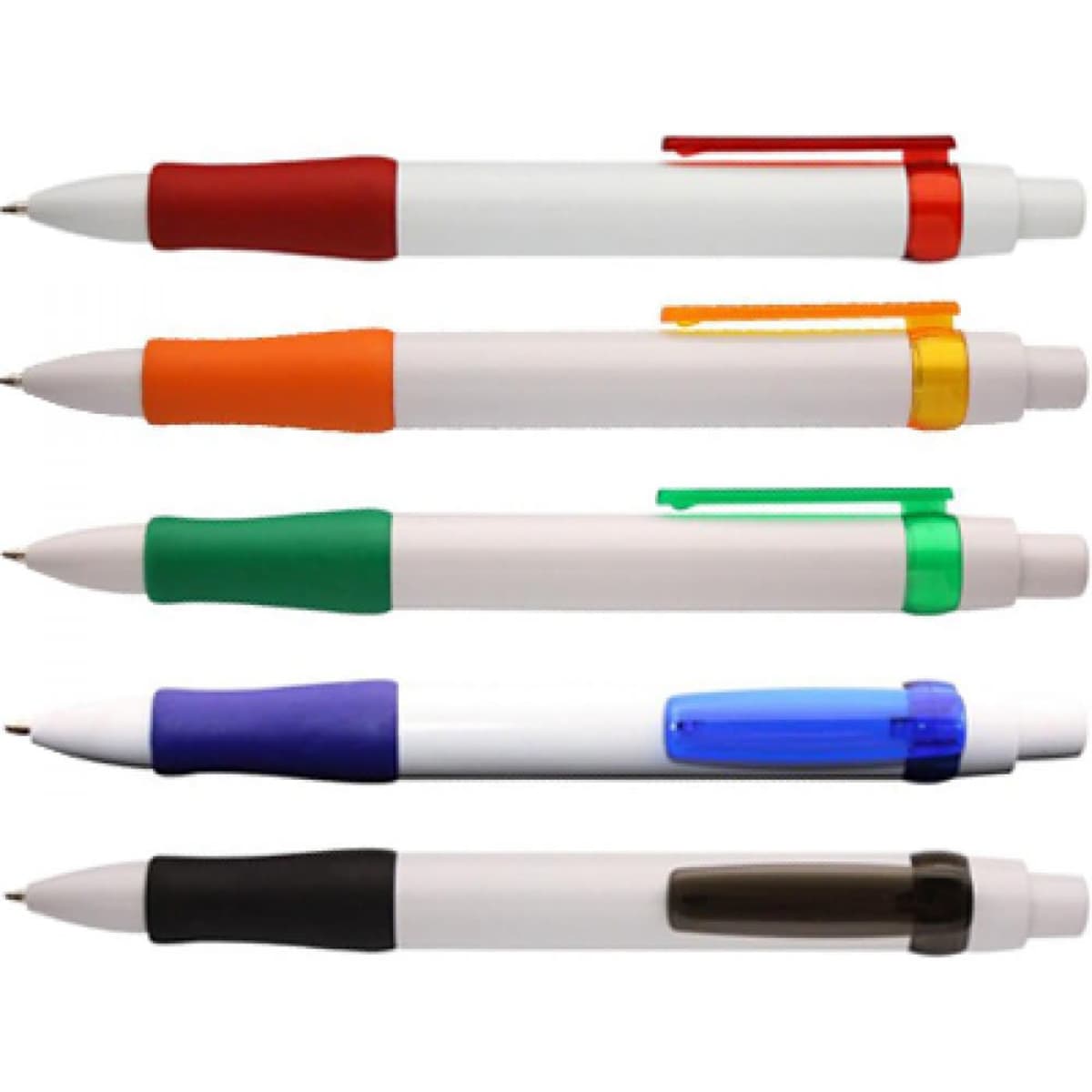 A selection of five white pens with coloured grips: red, orange, green, purple, and black. Each pen has a clip and branding.