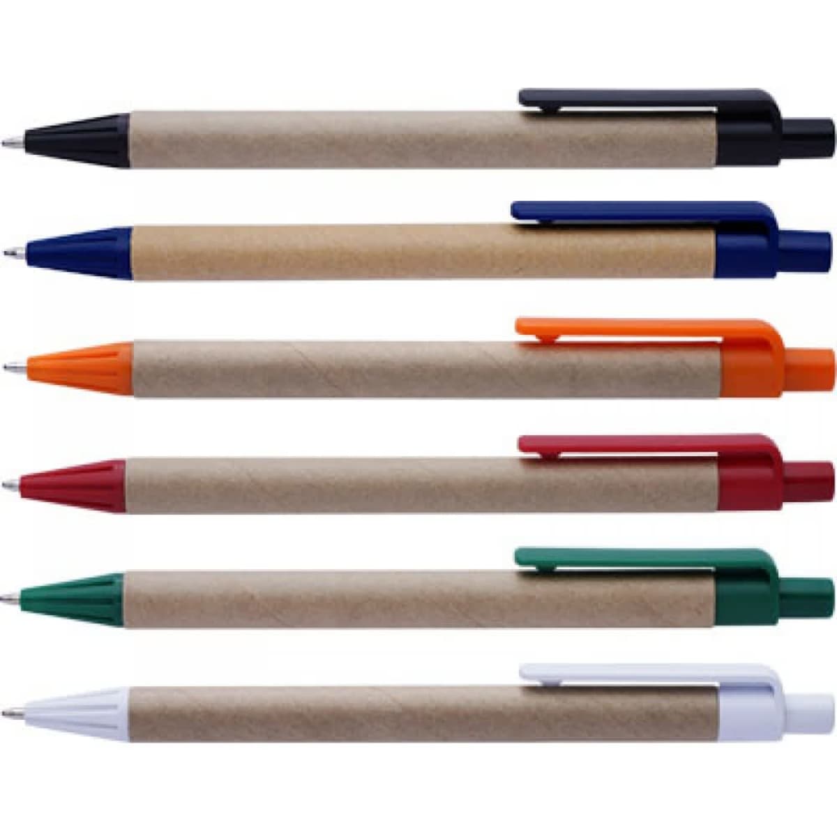 A set of eco pens in various colours including blue, orange, green, red, black, and white, with a kraft paper barrel.