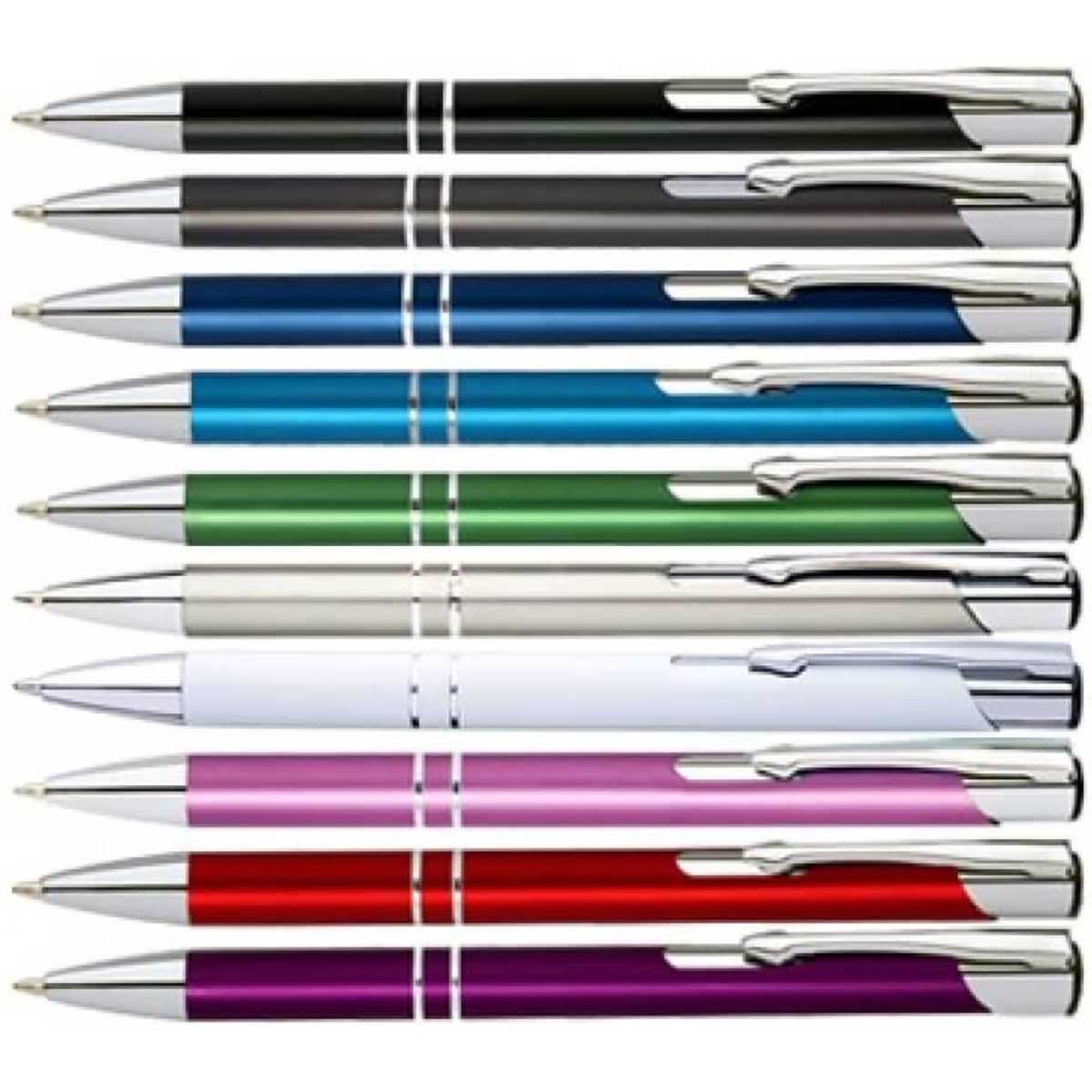 A collection of matte pens in various colours including black, blue, green, silver, white, purple, and red, with silver accents.