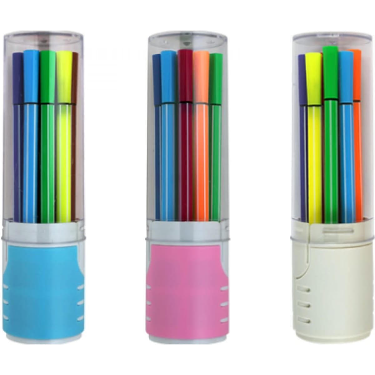 A set of colouring pens in 12 colours, displayed in three clear containers with blue, pink, and white bases.