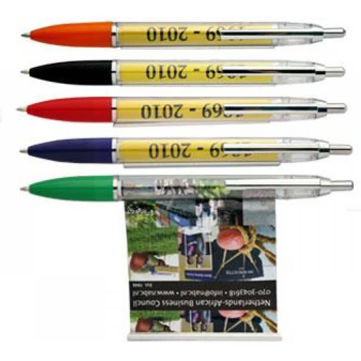 A collection of five pens in yellow, black, red, blue, and green, featuring a small promotional flag or banner.
