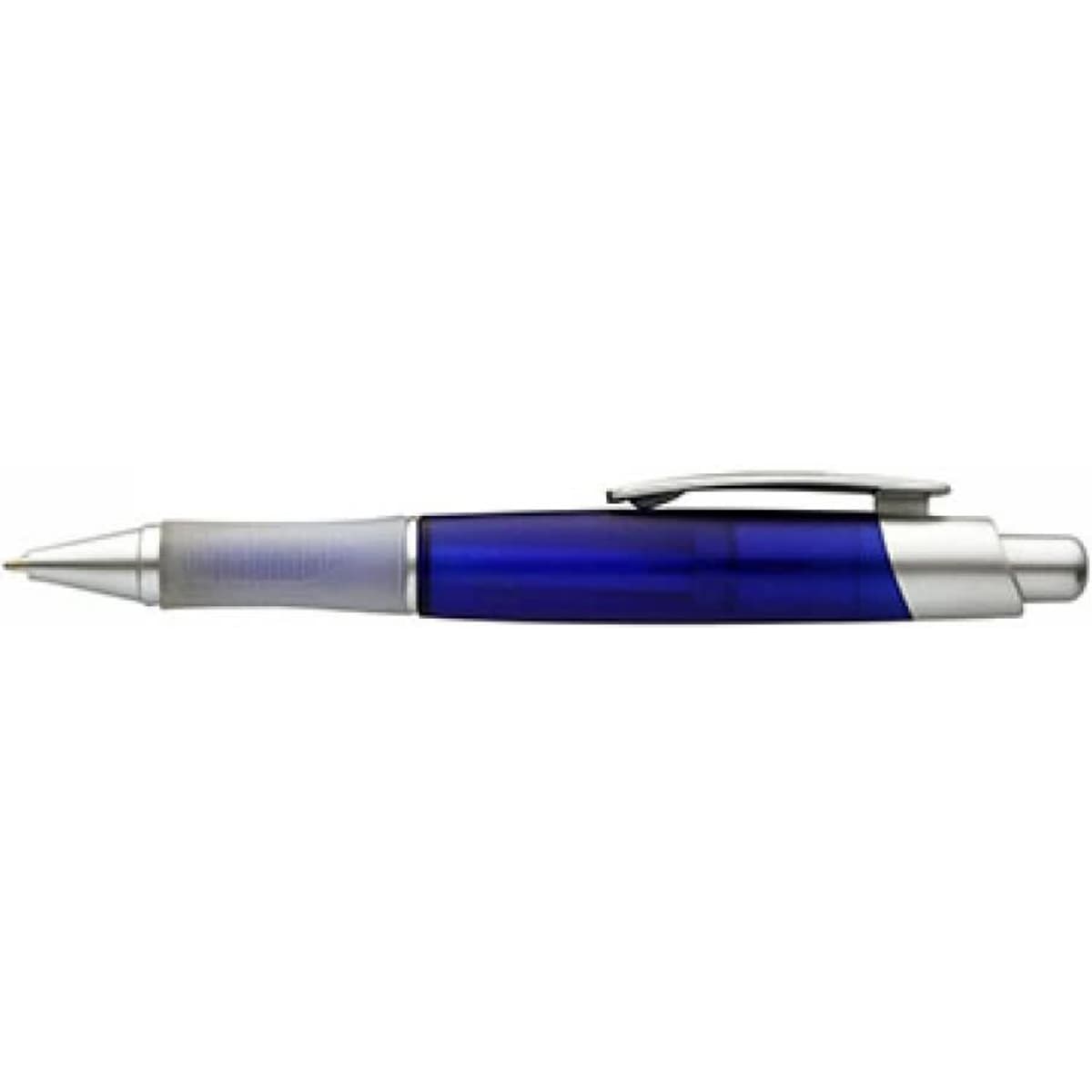 A blue pen with a silver clip and details, featuring a textured grip and branding.