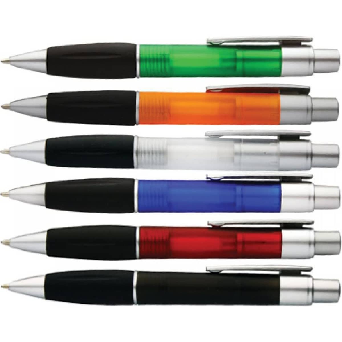A set of six pens in green, orange, clear, blue, red, and black, featuring silver trim and a logo.