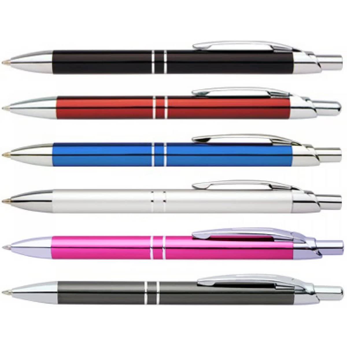 Six Mirage Pens in various colours: black, red, blue, white, pink, and silver. Each features a sleek design with a logo.