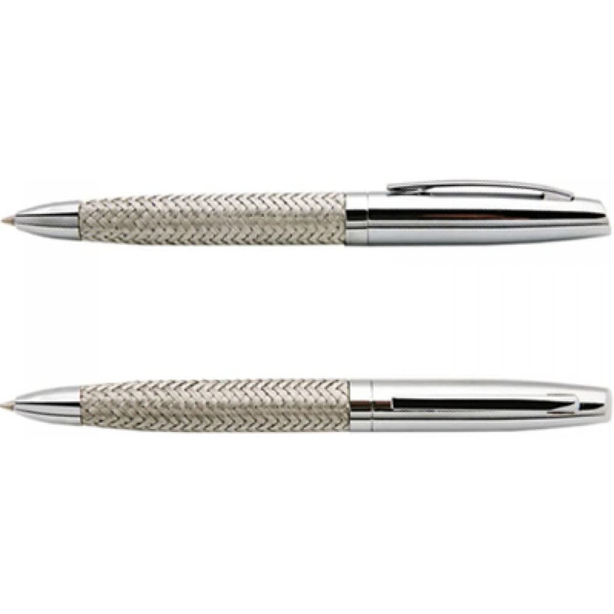 A silver pen with a textured grip, featuring a shiny chrome clip and accents, and a branding logo.
