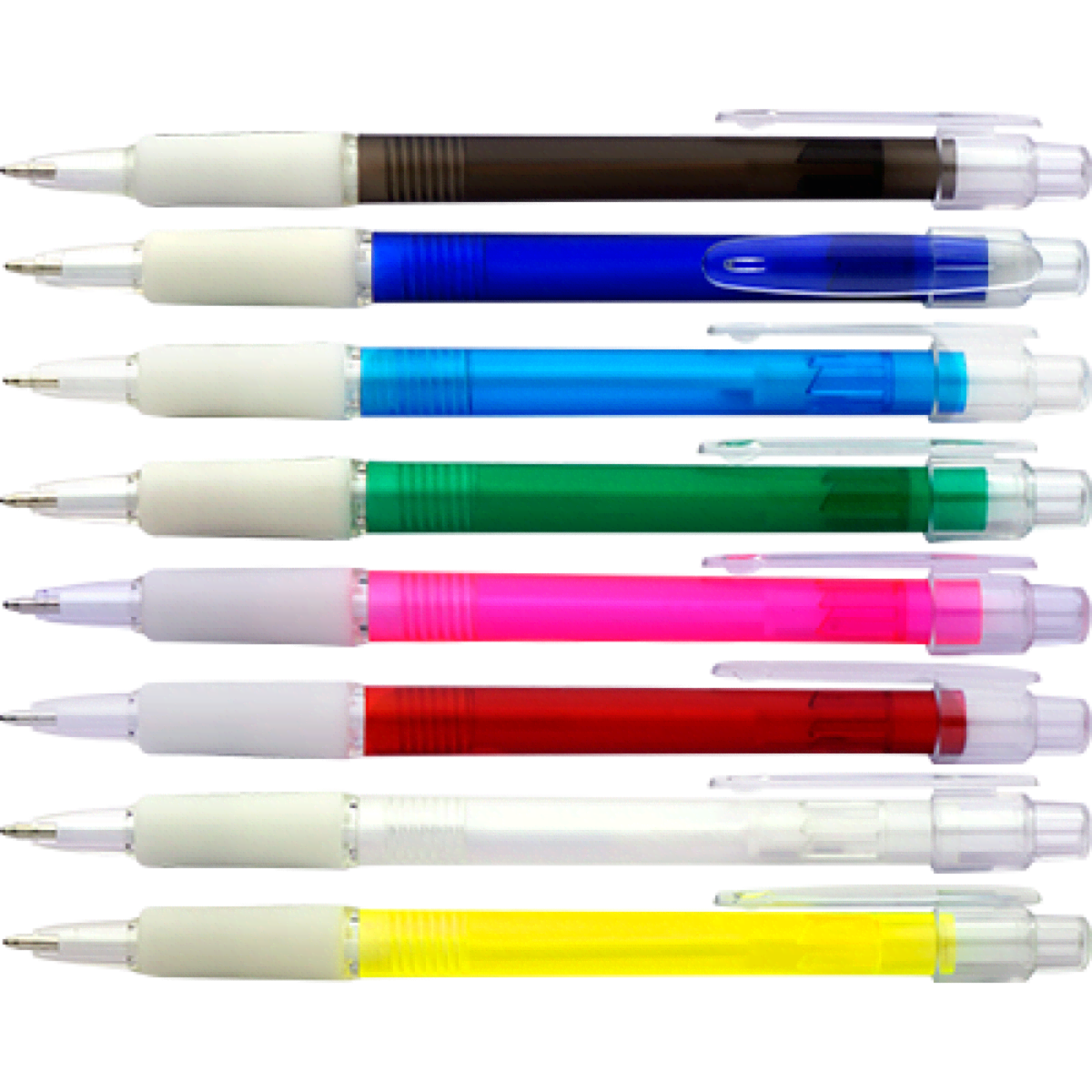 A variety of pens in brown, blue, cyan, green, pink, red, yellow, and white, arranged in a row with clear caps.