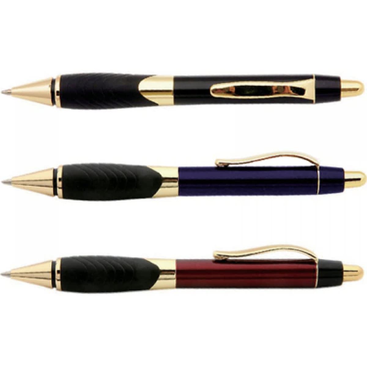 Three metal pens in black, blue, and burgundy, featuring gold accents and textured grips. Each pen has a clip and branding.