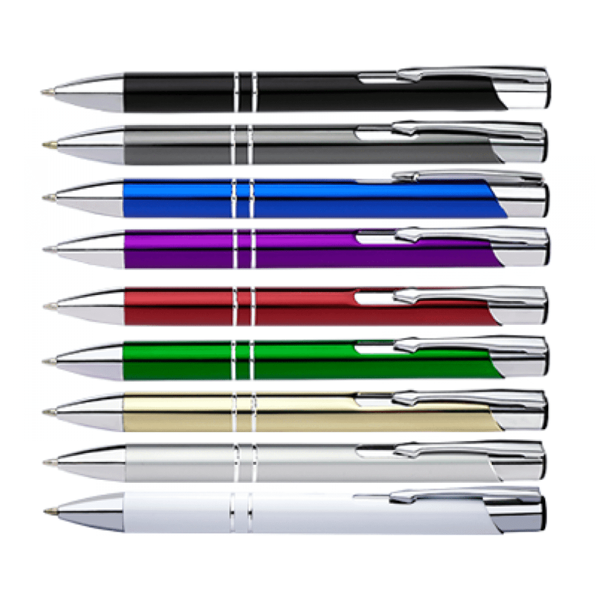 A collection of Madison Pens in black, blue, purple, green, gold, and white with shiny chrome accents.