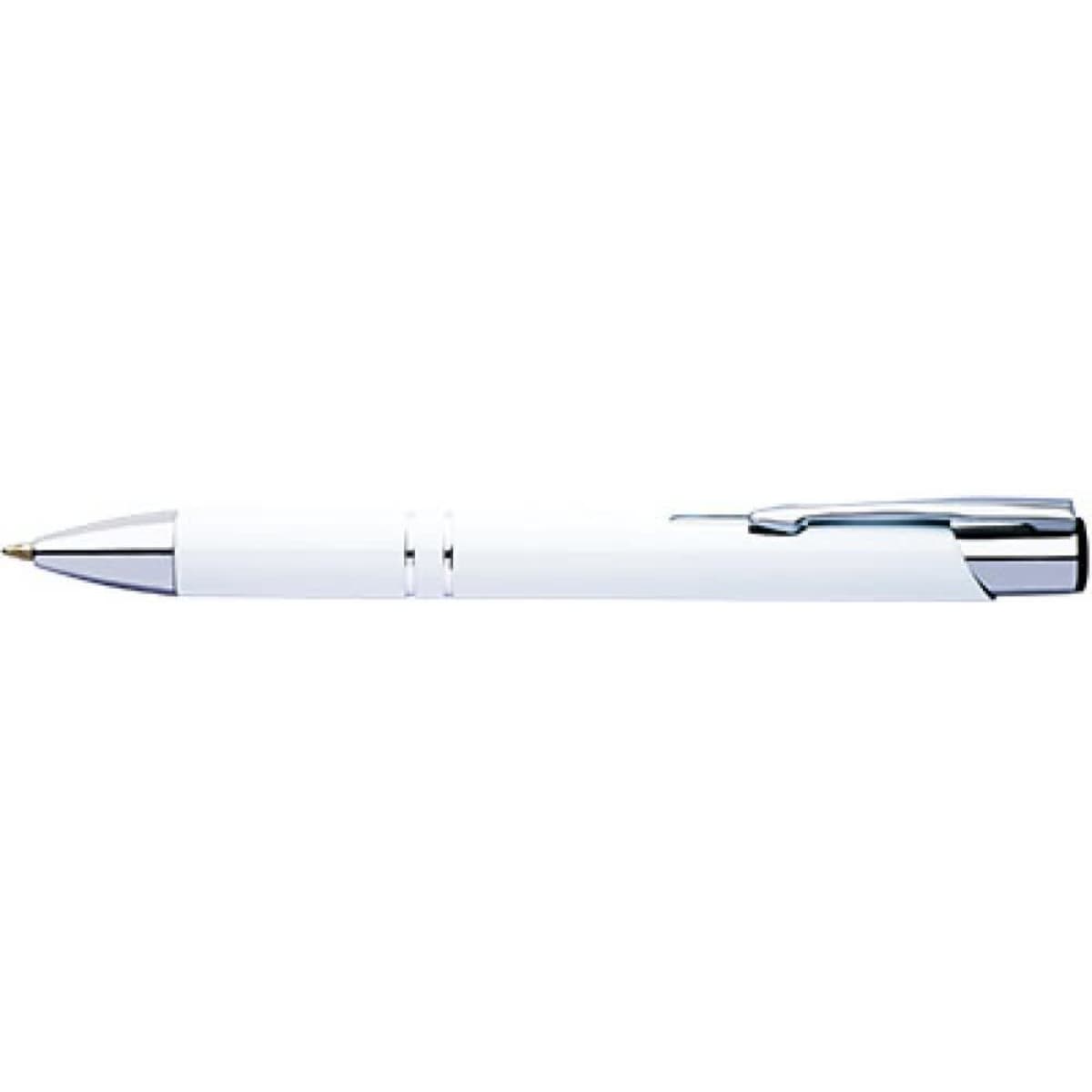 A white pen with a chrome accent and clip, featuring a sleek design and branded logo.