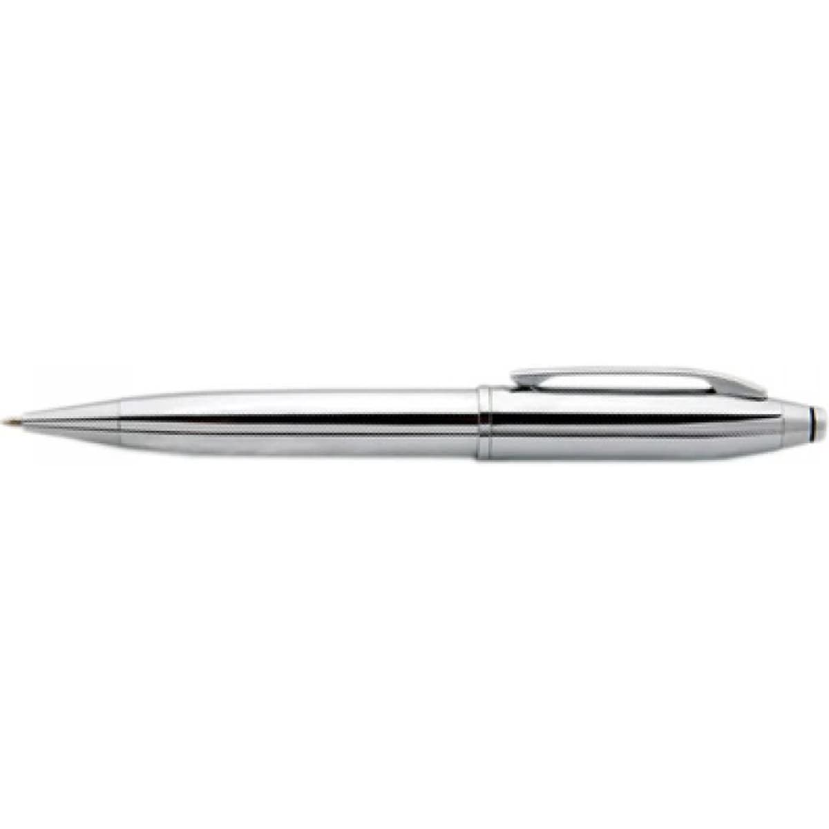 A silver pen with a sleek, metallic finish and a clip for easy attachment. Features a branding logo.