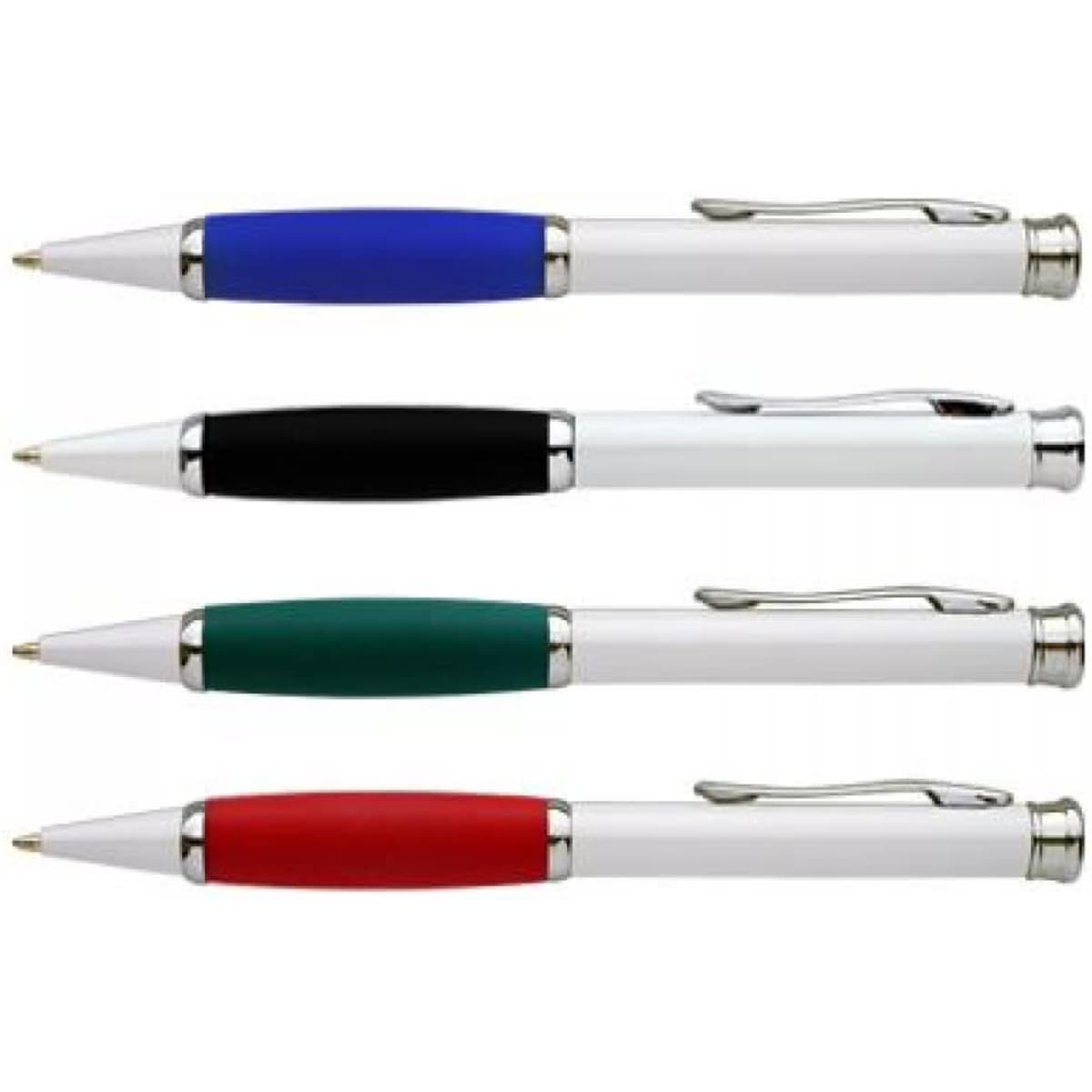 A collection of Calais II pens in blue, black, green, and red, with metallic accents and clips. Each pen has a white barrel.