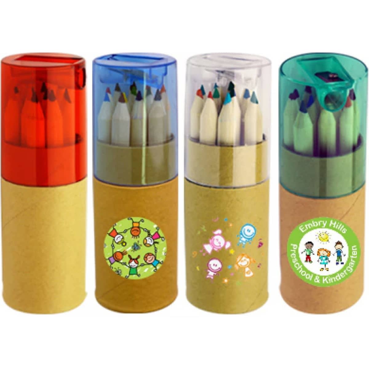A cardboard tube containing coloured pencils in varied colours, topped with transparent caps in red, blue, and green.