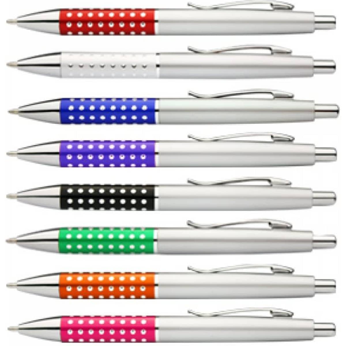 A set of eight pens in various colours including red, purple, green, orange, and more, with silver accents.