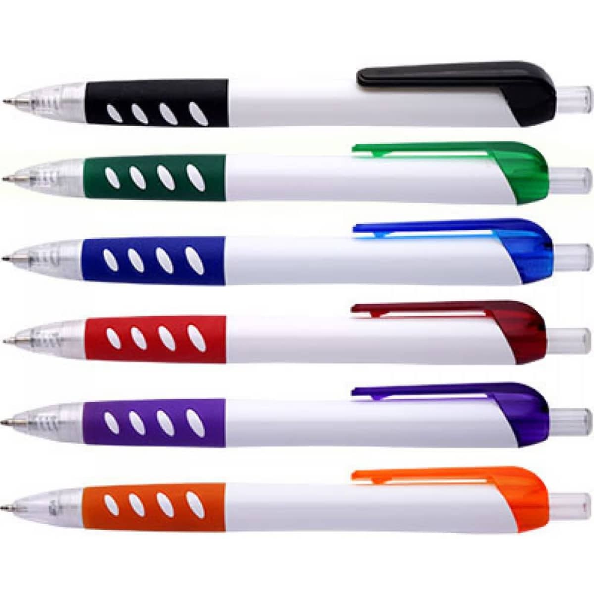 A set of six pens featuring white barrels with black, green, blue, red, purple, and orange accents. Each pen has a logo.
