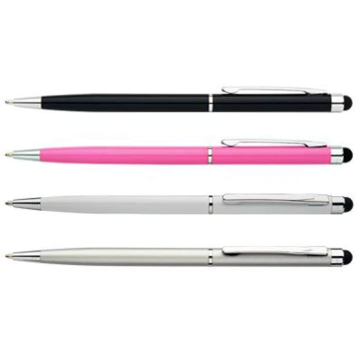 Four stylish pens in black, pink, white, and silver, each with a sleek design and a logo.