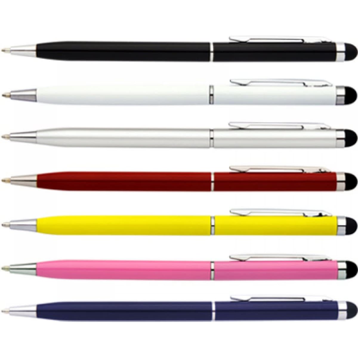 A set of eight iPhone pens in black, white, red, yellow, pink, and blue, each featuring a stylus tip and a clip.