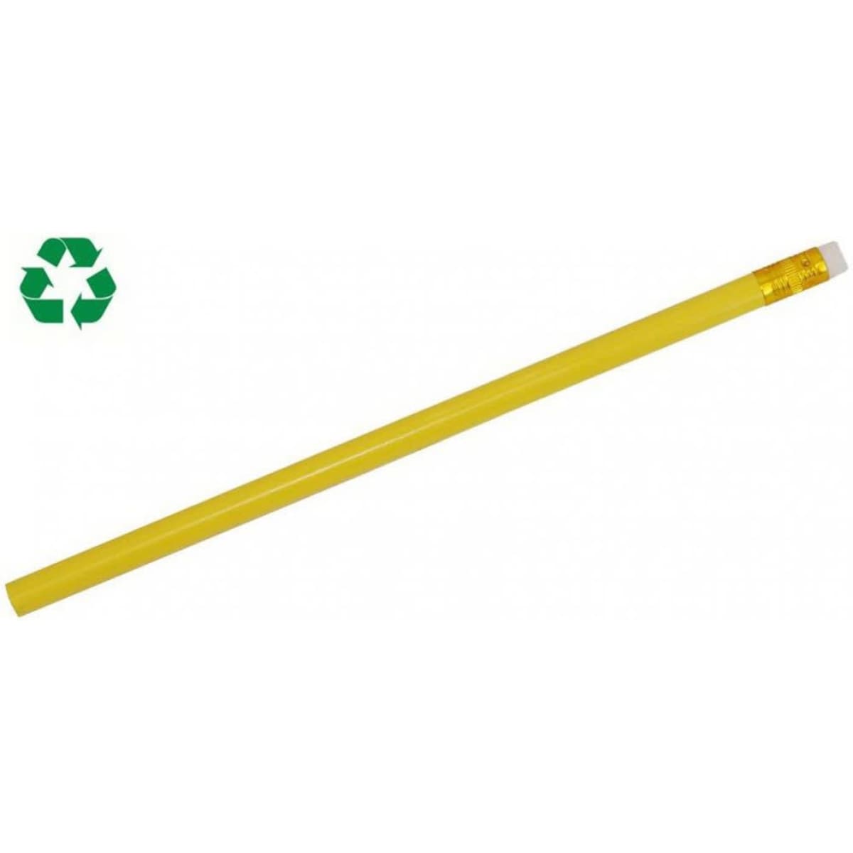 A yellow pencil with a white eraser and a logo on the side.