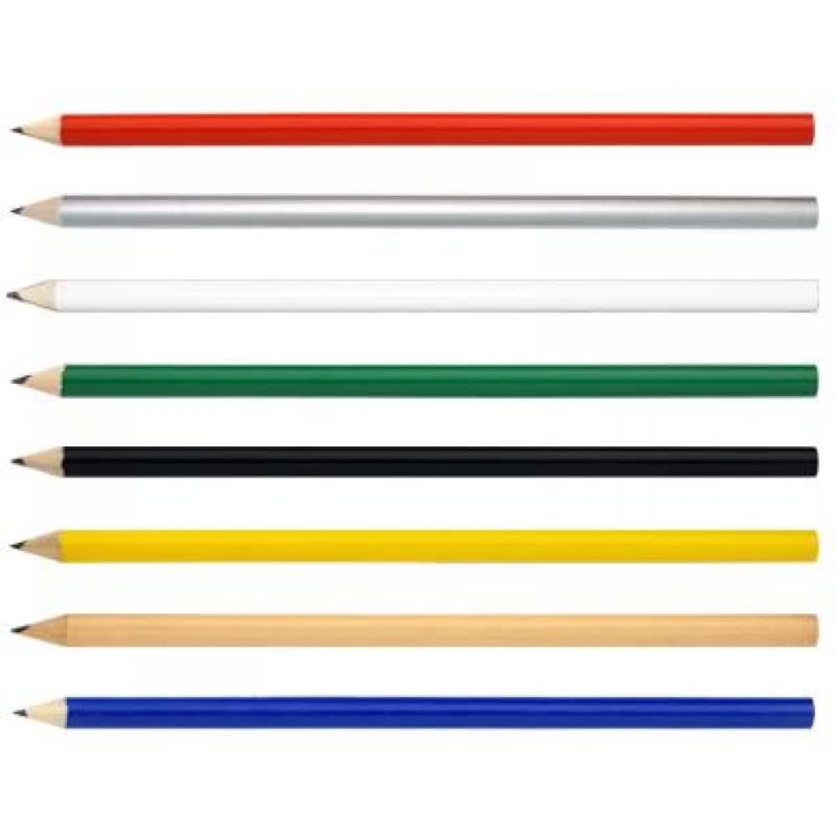 Eight wood pencils in varied colours: red, white, silver, green, black, yellow, blue, and natural wood. Includes branding.