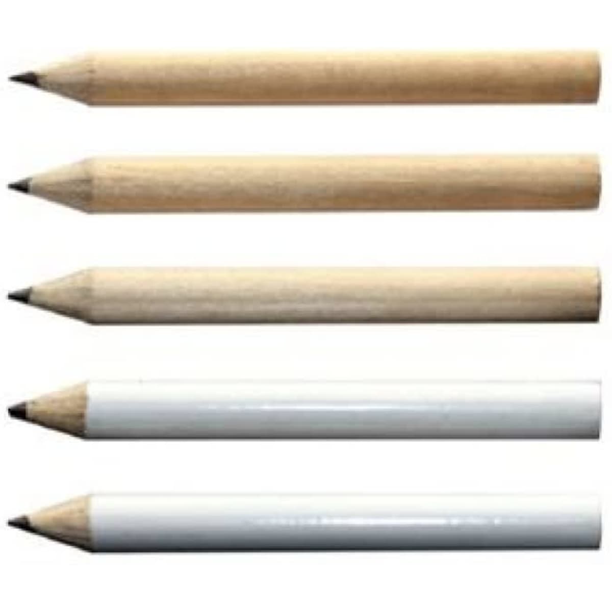 Half-length pencils in natural wood and white finishes, arranged from top to bottom, showcasing their tips.