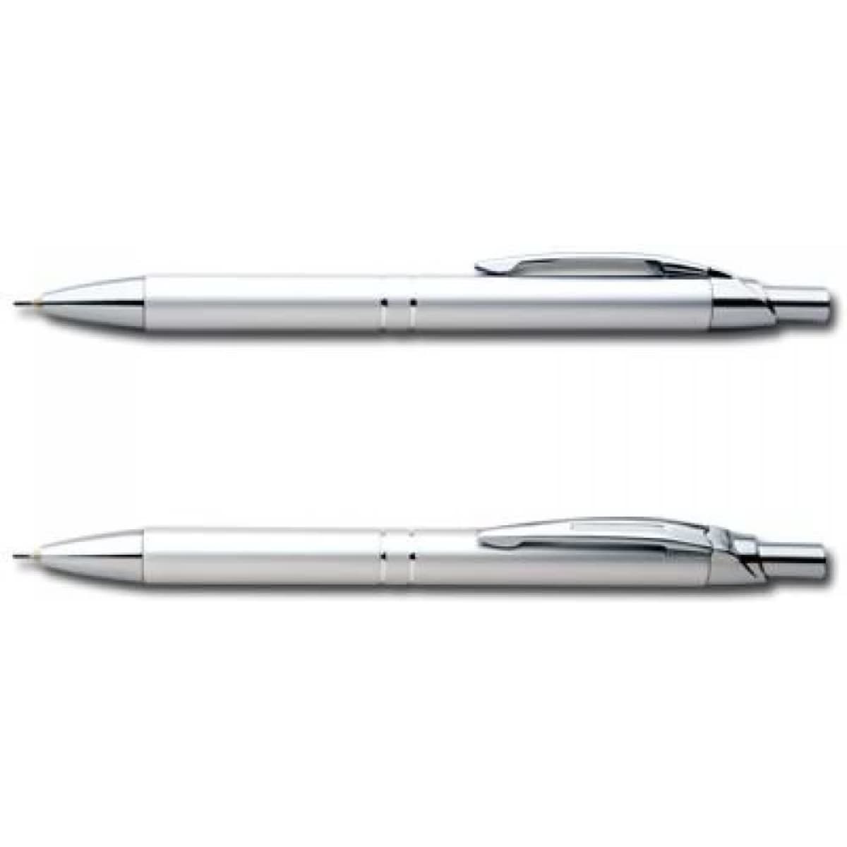 A pair of white mechanical pencils with silver accents and clips, featuring a sleek design and a logo.