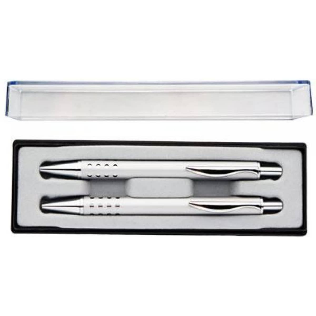 A gift set of two white pens with silver accents, presented in a black and clear box.